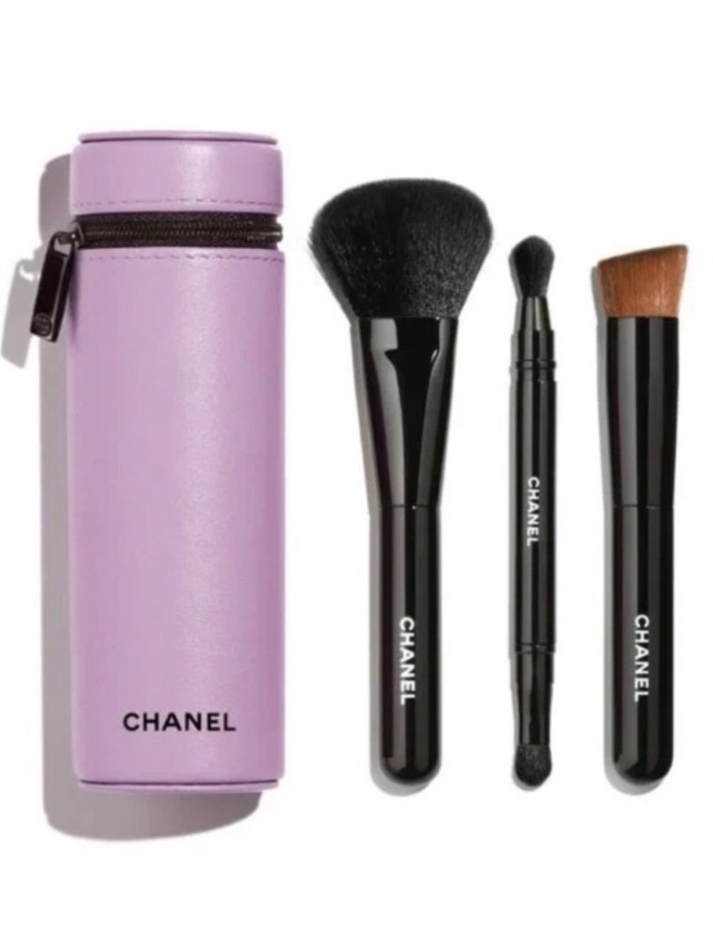 NIB CHANEL Limited Edition Set of 3 Makeup Brushes w/ Case Purple 135 Immortelle